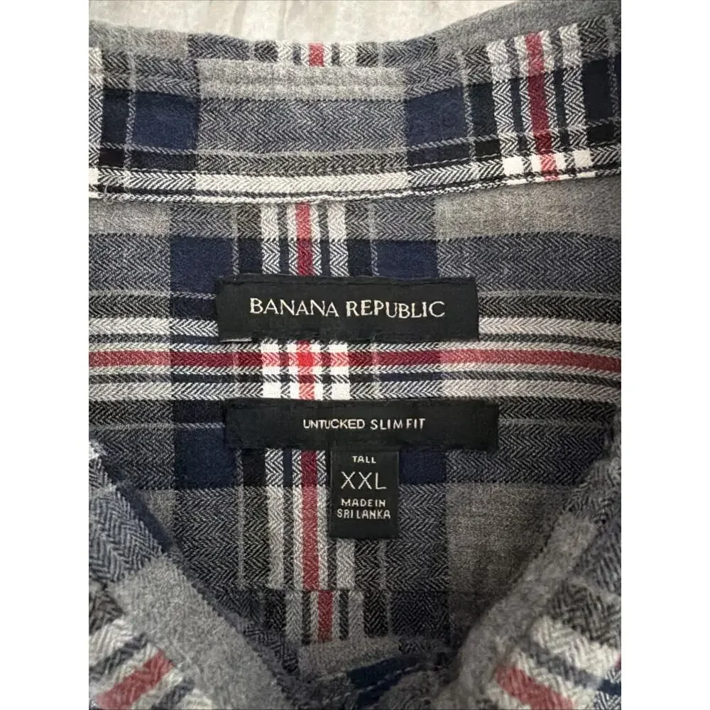 Banana Republic Flannel Shirt Men XL Untucked Slim Fit Red Gray Long Sleeve